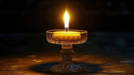 Illuminated Glass Candle Holder on Wooden Surface