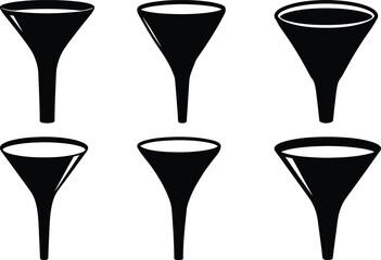 A set of black and white funnel illustrations with a classic design