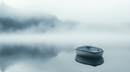 Serene Foggy Lake with Rowboat at Dawn
