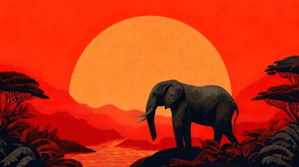 A majestic African elephant stands silhouetted against a vibrant orange sunset landscape, overlooking a tranquil river and distant mountains.