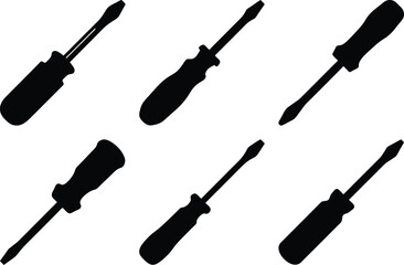 Collection of Isolated Black Screwdrivers with Different Handles on White Background