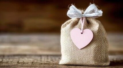 Rustic Burlap Gift Bag with Pink Heart and Bow