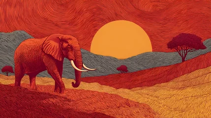 Fototapete A majestic African elephant stands silhouetted against a vibrant sunset landscape with rolling hills and acacia trees. © sirisak