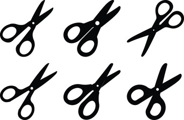 Black scissor silhouettes in different shapes, oriented in different directions, set on white