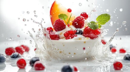 Yogurt parfait with fresh berries and water splashes.