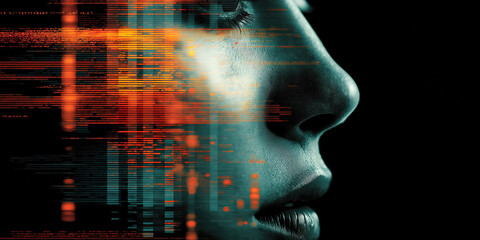 Human profile with digital code overlay, future technology concept
