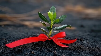 A New Beginning Small Plant with Red Ribbon on Dark Soil