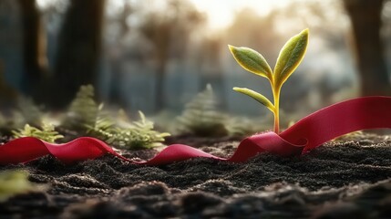 New Life Emerging A Seedling Breaks Through the Soil Wrapped in a Crimson Ribbon