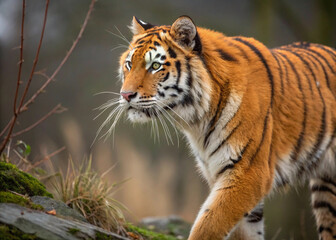 tiger in the jungle, Close-Up of a Tiger's Face with Fierce Eyes, Malayan tiger laying in the forest, showcasing its beautiful orange fur and black stripes
