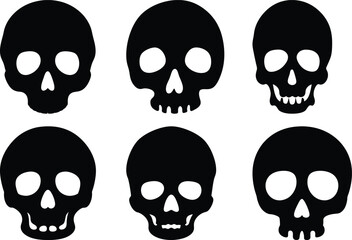 Collection of six stylized black skulls on a white background illustration