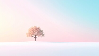パステルの空に佇む一本の木/静寂の中のシンボルツリー/ミニマルな風景と優しい色彩