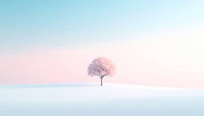 パステルの空に佇む一本の木/静寂の中のシンボルツリー/ミニマルな風景と優しい色彩