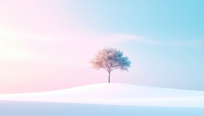 パステルの空に佇む一本の木/静寂の中のシンボルツリー/ミニマルな風景と優しい色彩