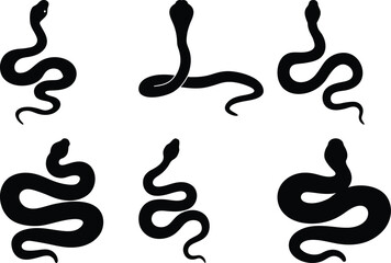 Fototapeta premium Silhouettes of multiple black snakes in different poses on a white background