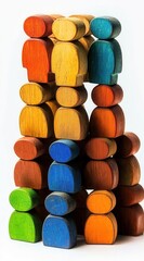 Colorful Wooden Figurines Stacked High Teamwork Concept