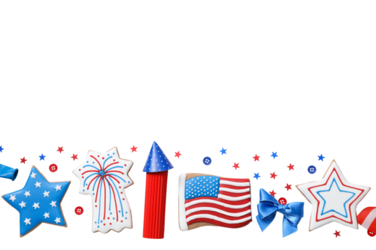 4 July holiday attributes, isolated on white background, PNG