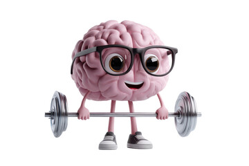Cartoon brain lifting weights isolated on transparent background