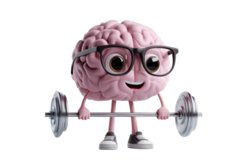 Cartoon brain lifting weights isolated on transparent background