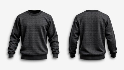 create a 3d t shirt mockup with a black sweater template on a white background, featuring both front and back views, add shadows to give the design depth