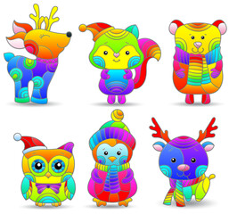A set of stained glass illustrations on the theme of Christmas and New Year with cute toy animals