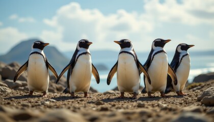 Fototapeta premium subject: pegguins walking in a dreamscape style, showing their details from above