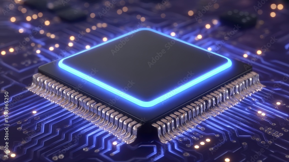Poster glowing microchip on circuit board high tech technology background