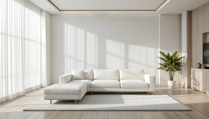 Spacious Minimalist Modern Living Room with Large Windows, White Sofa, Potted Plant, Hardwood Floors, Natural Light, Tranquil HD image
