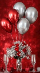 Romantic Red and Silver Balloons with Roses