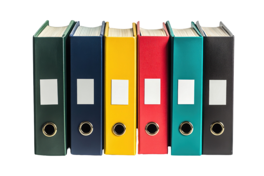 Colorful Office Ring Binders for Document Storage and Organization Isolated on Transparent Background