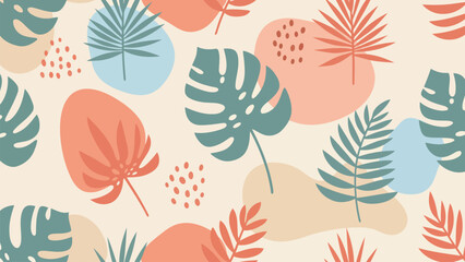 Seamless pattern featuring tropical leaves such as monstera and palm, combined with abstract pastel shapes. Perfect for fabric design, wallpaper, wrapping paper, or summer-themed backgrounds.