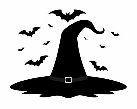 Black halloween witch hat with bats silhouette. Black witch hat with white bat pattern in silhouette style