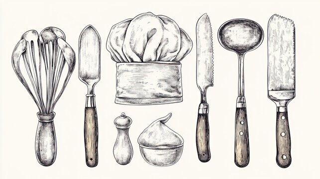 An array of hand drawn culinary tools inspires home chefs to whip simmer and bake delicious dishes showcased with