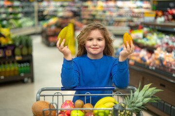 Child shopping in grocery store. Kid in supermarket. Child with shopping cart in grocery. Kid...