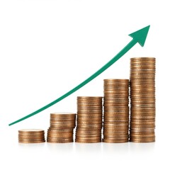 Coin stacks with rising arrow isolated on white background. use cases: finance, investment, growth, savings.
