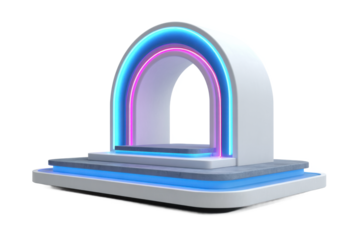 Modern arch stage with neon lights isolated on transparent background