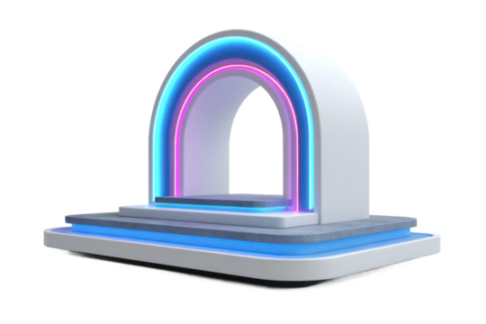 Modern arch stage with neon lights isolated on transparent background