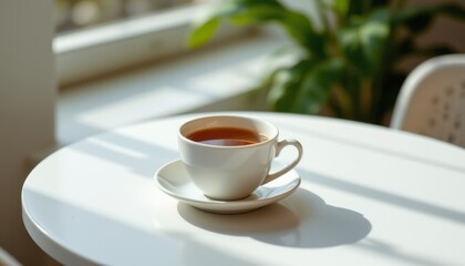 Obraz premium create a photo of a cup of tea placed on a white table, the subject is positioned on the left side of the image with a large amount of empty space to its right