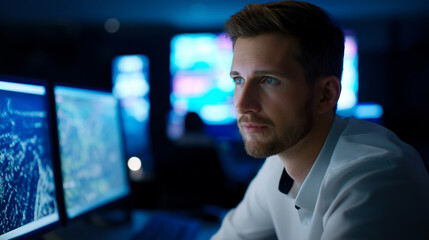 Fototapeta premium Focused male analyst looking at data on multiple screens in a dark control room, symbolizing cybersecurity and strategy. 