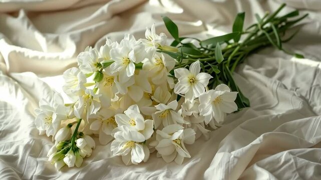 This video features a stunning bouquet of white matthiola flowers elegantly arranged and placed on a soft, inviting bed, creating a serene and delicate atmosphere in the room.