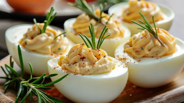 Enjoy a delightful plate of classic deviled eggs, beautifully garnished with sprigs of fresh rosemary, creating a perfect appetizer for any occasion.