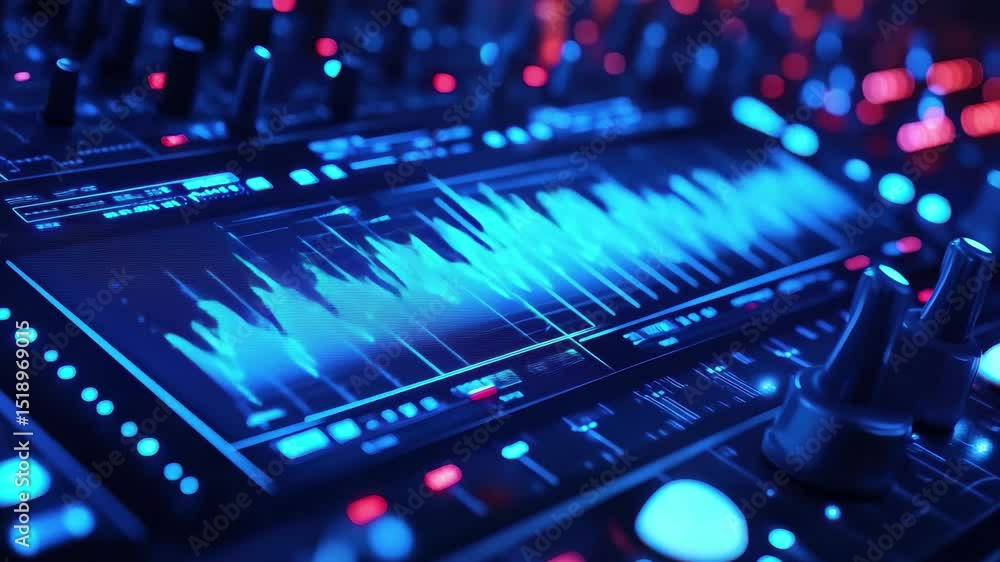 Poster vibrant blue equalizer audio waveform display showcasing sound frequencies and dynamic signal patter