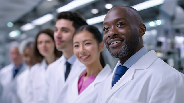 Happy group of multicultural scientists standing in a high-tech research lab, smiling confidently.  
 - Powered by Adobe
