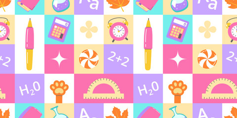 Colorful educational seamless pattern featuring letters, numbers, school supplies, perfect for learning materials or back to school designs.