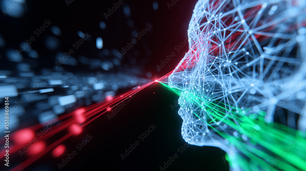 Poster 3d wireframe head silhouette with glowing neural connections and laser data streams in a digital spa