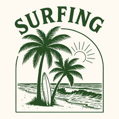 Fashion surfing apparel vector print label with palms, beach and surfing