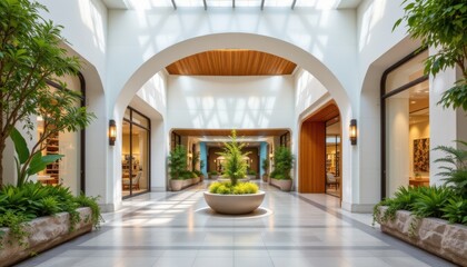Elegant Interior with Arches and Greenery