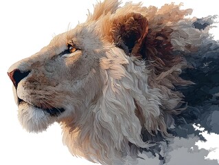 Majestic white lion profile portrait artfully rendered with a dynamic paint splash effect on a white background.