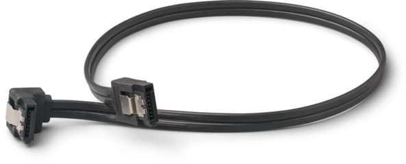 close-up of black SATA cable isolated white background, coiled data cable connect hard drives to the motherboard