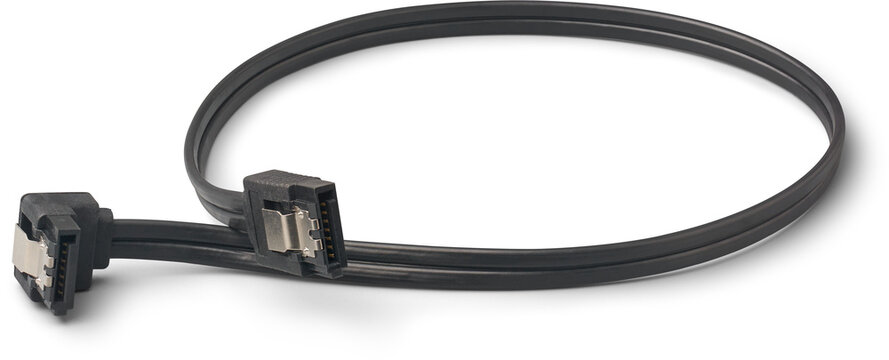 close-up of black SATA cable isolated white background, coiled data cable connect hard drives to the motherboard