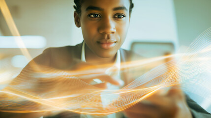 Young man using smartphone with dynamic digital light effects representing data flow.
